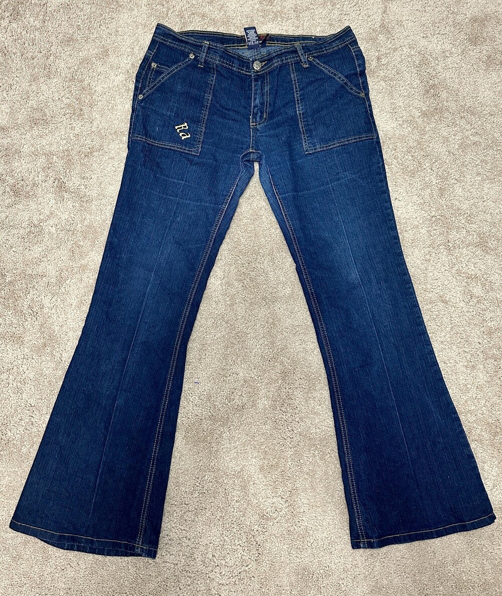 Red Ape Jeans Womens 15 Blue Flare Stretch Denim Rhinestone Embellished Pockets